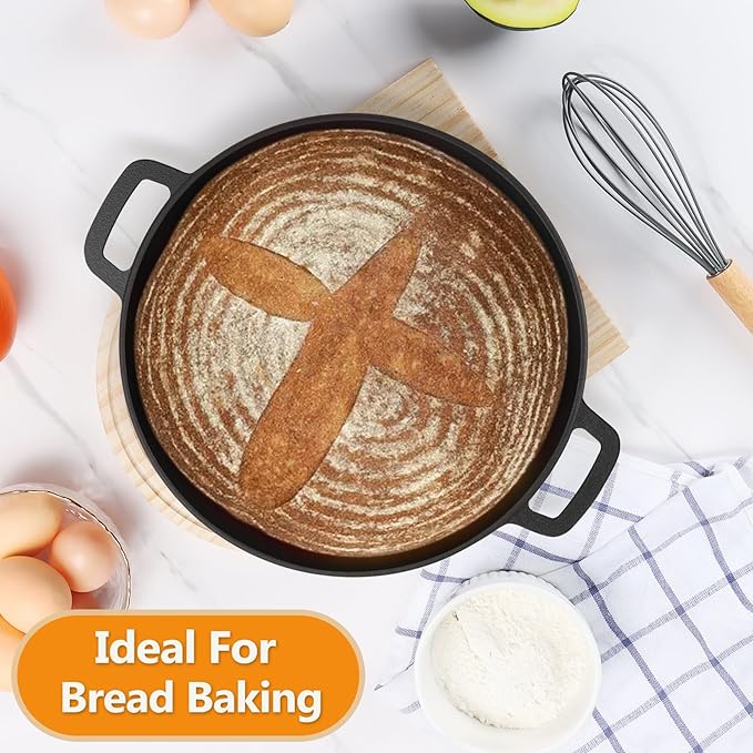 P&P CHEF 5Qt Dutch Oven Pot for Bread Baking (Black), 2 In 1 Round Cast Iron Dutch Oven with Lid Set, Skillet & Pot for Roasting Braising Stewing Frying Simmering, Multi Stoves & Oven Safe