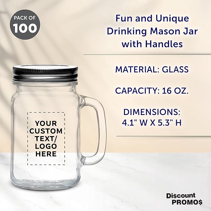 DISCOUNT PROMOS Custom Libbey Handle Mason Jars w/Lids 16 oz. Set of 100, Personalized Bulk Pack - Traditional style, High standard - Clear