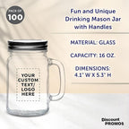 DISCOUNT PROMOS Custom Libbey Handle Mason Jars w/Lids 16 oz. Set of 100, Personalized Bulk Pack - Traditional style, High standard - Clear