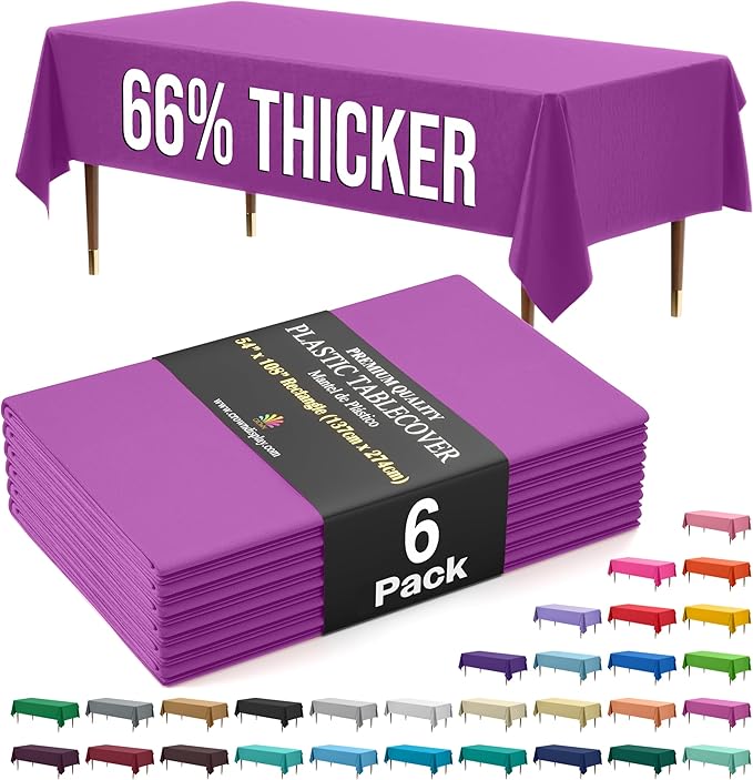 Exquisite 66% Thicker Premium Plastic Table Cloth Rectangle Table Cover 0.5 Mil 6 Pack Magenta Table Cloth 54 Inch x 108 Inch Disposable Tablecloth Won't Tear Easily Like Cheap Thin Brands