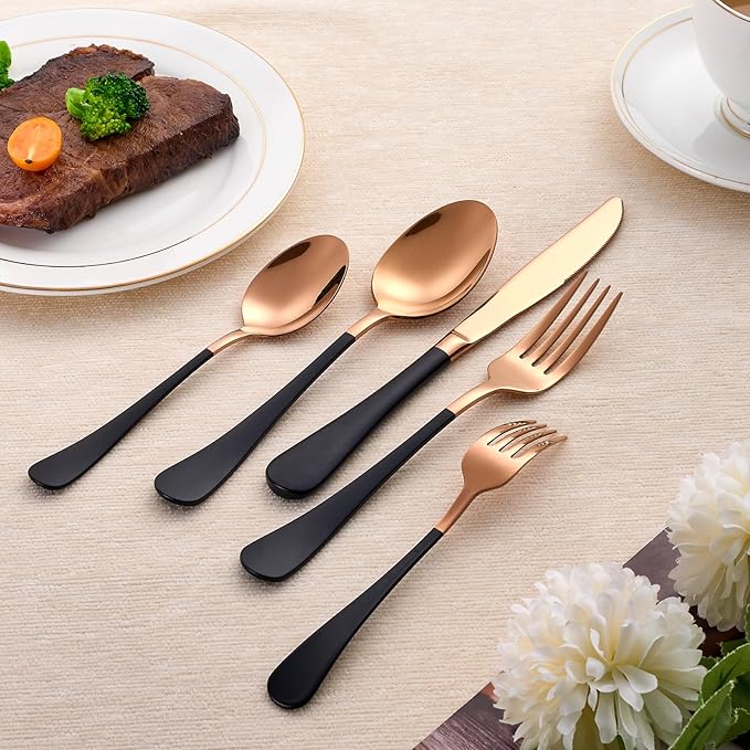 20-Piece Black and Rose Gold Silverware Set 18/0 Stainless Steel Silverware Set Black Handle Cutlery Set Service for 4 Dinner Knives Forks Spoons Set Flatware Set Finish Dishwasher Safe