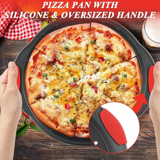 4 Pack Pizza Pan for Oven Round Pizza Pan with Holes & Handle Large Pizza Tray Set Metal Non Stick Pizza Plates Perforated Pizza Baking Sheet Carbon Steel Personal Platter for Grilling Cooking