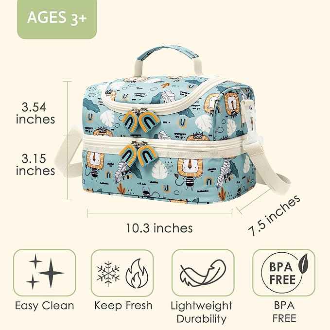 Insulated Kids Double Decker Lunch Bags Tote for Girls Boys Toddler Kindergarten School Picnic Camp Food Cooler Lunch Boxes Thermal with Strap (Lion)