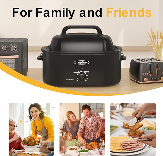Sunvivi 26lb 22-Quart Roaster Oven, Electric Roaster Oven with Viewing Lid, Turkey Roaster with Unique Defrost/Warm Function, Large Roaster with Removable Pan & Rack, Stainless Steel, Black