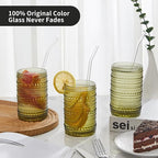 Vintage Hobnail Drinking Glasses Set of 12 (15oz) – Embossed Green Textured Tumblers, Non-Slip, Dishwasher Safe for Cocktails, Whiskey, Bar & Kitchen Cups