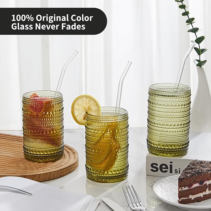 Vintage Hobnail Drinking Glasses Set of 12 (15oz) – Embossed Green Textured Tumblers, Non-Slip, Dishwasher Safe for Cocktails, Whiskey, Bar & Kitchen Cups