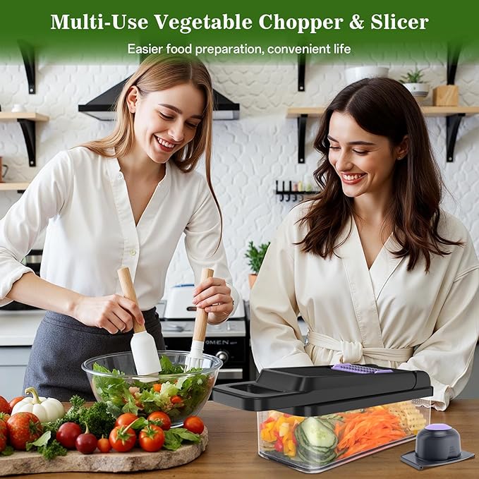 HomeHacks Vegetable Chopper Vegetable Cutter, 12 in 1 Kitchen Gadget, Dicer, Slicer, Onion Cutter, Salad, Cheese Grater & Egg Separator - Multi-Functional Veggie Chopper Lid with Handle (Purple)