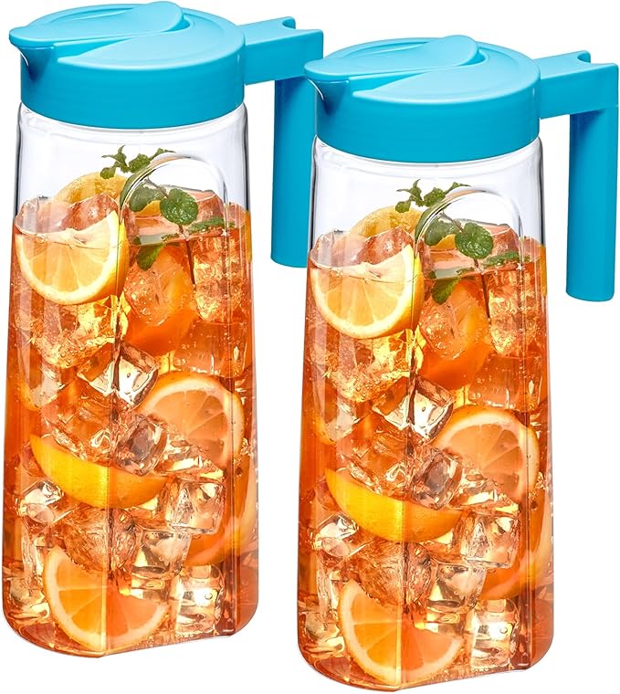 Amazing Abby - Slim - 2-Pack Tritan Pitcher (64 oz), Unbreakable Plastic Water Pitcher with Lid, BPA-Free, Heat-Resistant, Dishwasher-Safe, Great for Both Iced and Hot Drinks, Blue