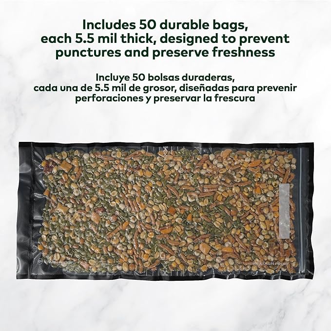 Resealable Zipper Vacuum Seal Bags 11" x 24" (50 Count) 5.5 Mil (Black and Clear) - BPA Free Commerical Grade Food Saver for Storage, Sous Vide, and Meal Prep Sealer Bag