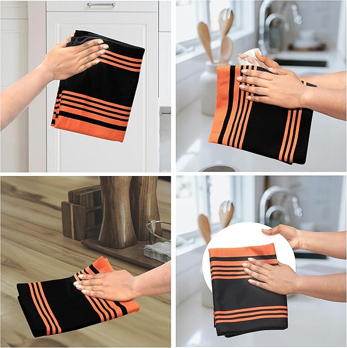 Urban Villa Halloween Kitchen Towels 100% Cotton Set of 3 Dish Towels - 20x30 Inches Highly Absorbent Quick Drying Dish Towels for Kitchen with Hanging Loop Hand & Tea Towels (Orange & Black Striped)