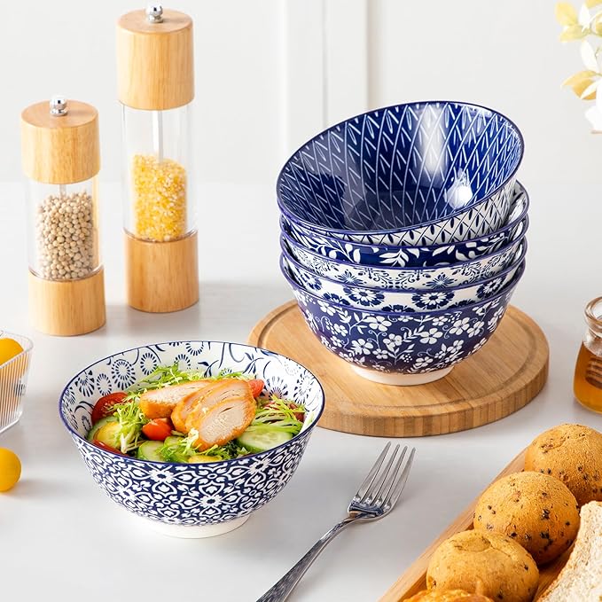 vancasso SELENE 24 oz Cereal Bowls set of 6, Ceramic Soup Bowls for Kitchen, Dishwasher & Microwave Oven Safe- for Cereal, Soup, Pasta, Salad, Blue & White Floral Design Bowl Set
