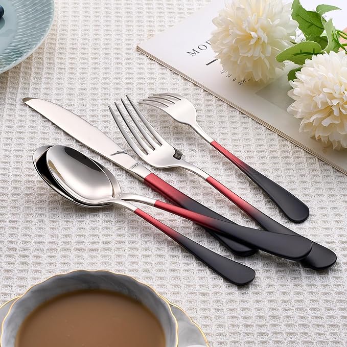 20 Piece Black Red and Silver 18/0 Flatware Utensil Set for 4, Include Dinner Knife,Dinner Forks,Dinner Spoons,Salad Forks,Teaspoons,Silverware Set for 4, Dishwasher Safe