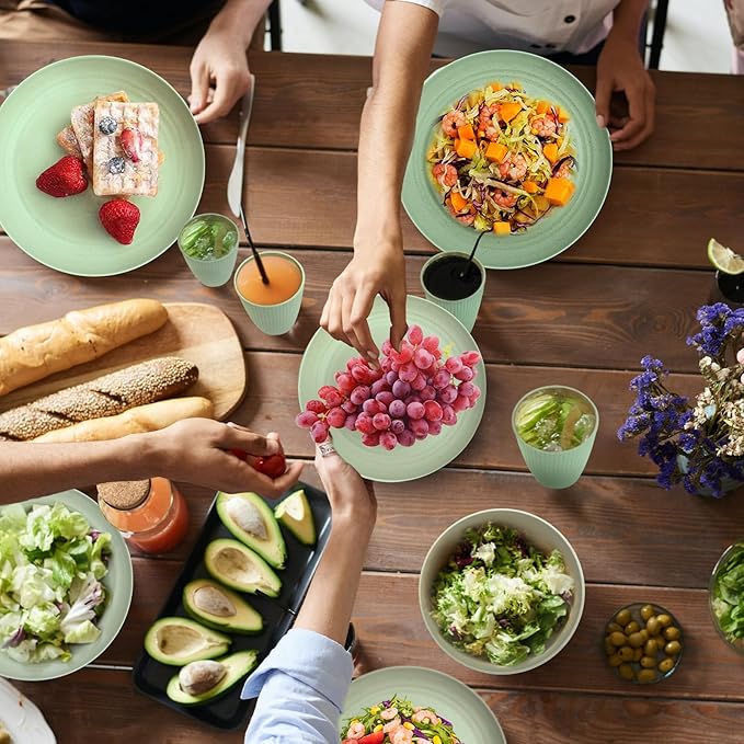 Wheat Straw Dishes Set for 4, Dinnerware Sets 16 piece, Unbreakable Plates, Bowls, Cups Sets for Kitchen Parties Camping RV - Green