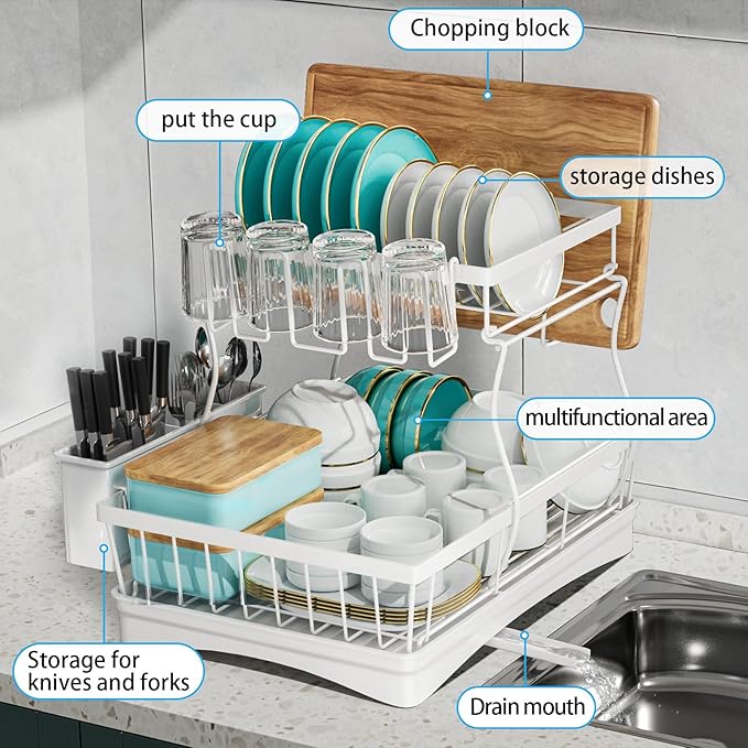 7 code Large Dish Drying Rack, 2-Tier Dish Racks for Kitchen Counter, Detachable Large Capacity Dish Drainer Organizer with Utensil Holder, Dish Drying Rack with Drain Board, White