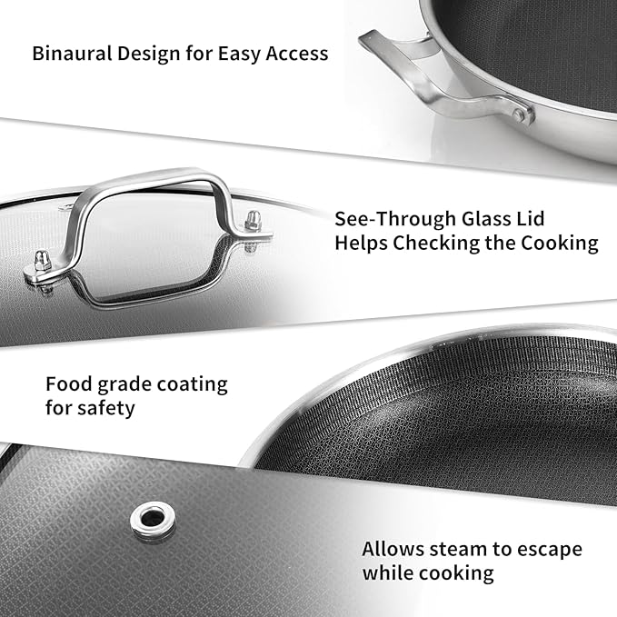 DELARLO 13 Inch Tri-Ply Stainless Steel Paella Pan with Lid Nonstick Frying Pan, Hybird Induction Large Skillets,Great for Paella Parties Indoors Outdoors,Heavy Duty Style