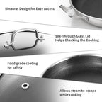 DELARLO 13 Inch Tri-Ply Stainless Steel Paella Pan with Lid Nonstick Frying Pan, Hybird Induction Large Skillets,Great for Paella Parties Indoors Outdoors,Heavy Duty Style