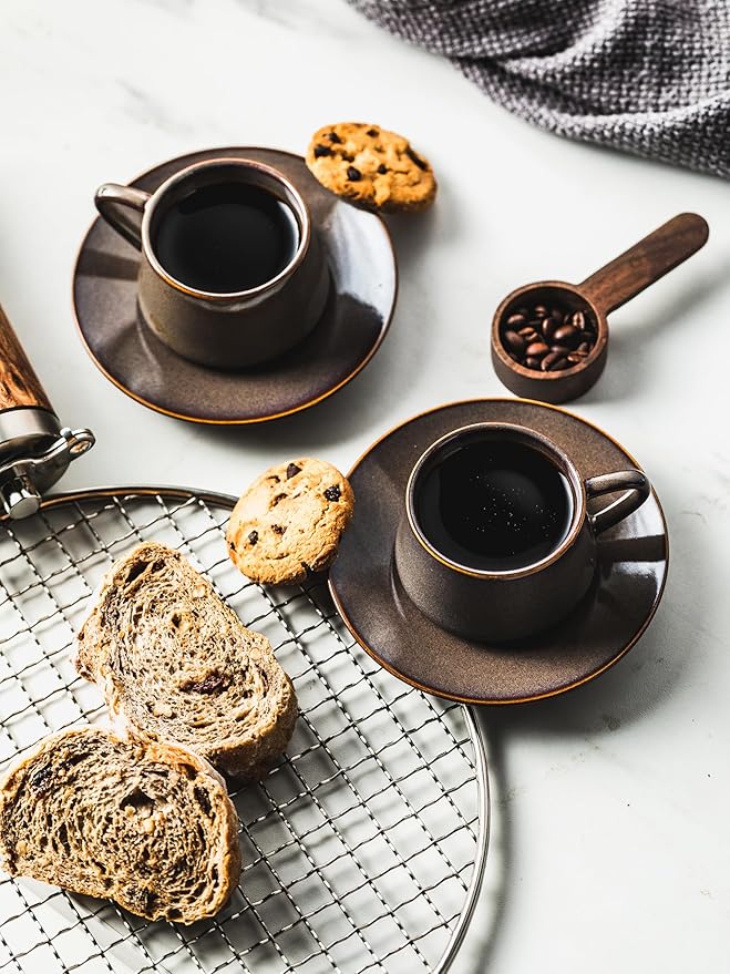 YHOSSEUN Espresso Cups 4 Oz, Porcelain Coffee Cups Set of 6 Espresso Cup with Saucers, Meatal Stand, and Stir Spoons, Brown Expresso Shots Cup