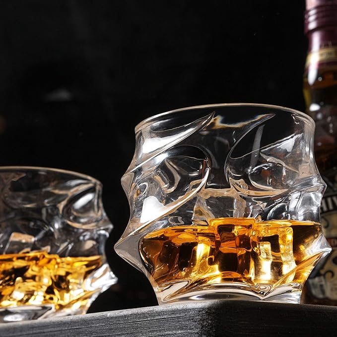 KANARS Old Fashioned Whiskey Glasses 11 Oz - Emperor Rocks Glasses Set of 4 for Bourbon Cocktail Scotch Snifter Malt Cognac - Heavy Crystal Bar Glassware - Unique Men Gift
