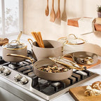 Bloomhouse - Two Time Oprah's Favorite Things Winner - 8 Piece Pots and Pans Heavy Duty Aluminum Premium PFA Free Ceramic Nonstick Dutch Oven Pot with Lid - Cappuccino Cream with Gold Handle