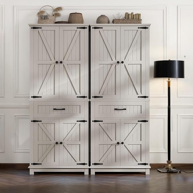 YITAHOME 72.6" H Farmhouse Kitchen Pantry Cabinet, Freestanding Tall Storage Cabinet with 4 Doors, Drawer and Adjustable Shelves, Tall Cupboard for Dining Room, Living Room, White Oak