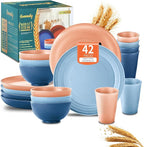 Hommaly Wheat Straw Dinnerware Sets,42-Piece Plates and Bowls Sets for 6-Unbreakable,Reusable Plastic Dish Set-Dinner Plate/Cereal Bowl/Cup/Utensils-Microwavable Dishwasher Safe 42P-Tropical