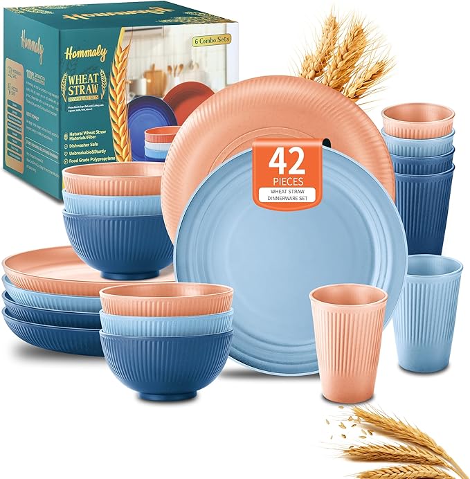 Hommaly Wheat Straw Dinnerware Sets,42-Piece Plates and Bowls Sets for 6-Unbreakable,Reusable Plastic Dish Set-Dinner Plate/Cereal Bowl/Cup/Utensils-Microwavable Dishwasher Safe 42P-Tropical