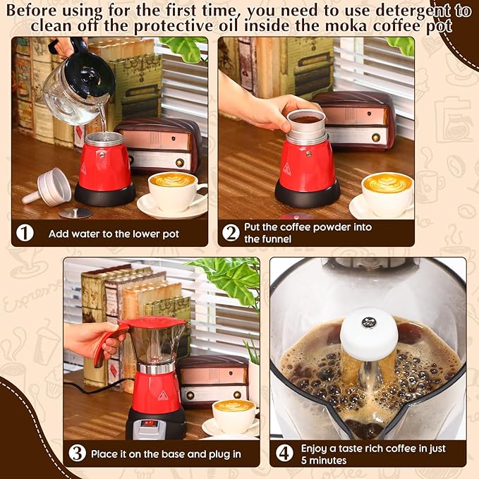 Electric Espresso Maker Transparent Coffee Maker Electric Moka Pot Portable Aluminum Espresso Machine Italian Moka Pot with Detachable Base, Coffee Gift for Women Men Home Travel(Red,6 Cup)