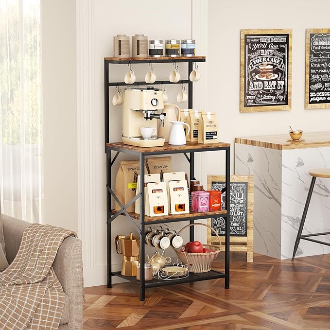 Kitchen Bakers Rack with Storage Shelves, Small Coffee Bar Cart with 8 Hooks, 4 Tiers Microwave Stand Station with Adjustable Shelves, Freestanding Kitchen Appliance Organizer, Rustic Brown