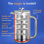 Ziruma Non-Toxic French Press, Surgical Stainless Steel Coffee Press, Plastic-Free, Heavy Metal-Free, No Endocrine Disruptors, 34 Oz, Double Wall, 4-Layer Filter, Portable Coffee Maker
