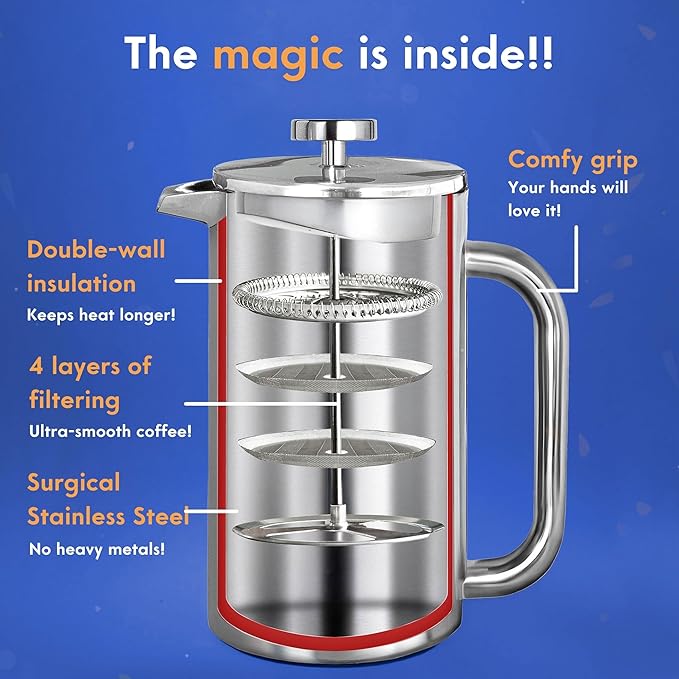 Ziruma Non-Toxic French Press, Surgical Stainless Steel Coffee Press, Plastic-Free, Heavy Metal-Free, No Endocrine Disruptors, 34 Oz, Double Wall, 4-Layer Filter, Portable Coffee Maker