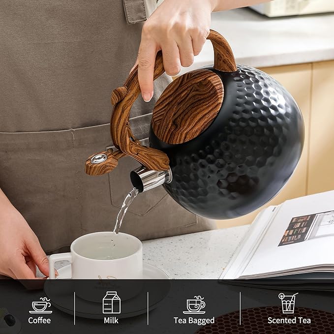 LONFFERY Tea Kettle for Stove Top, 3 Quart Whistling Tea Kettle, with Food Grade Stainless Steel and Wood Pattern Folding Handle, Black