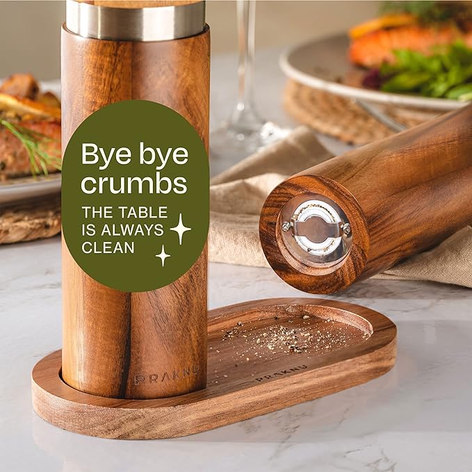 Salt and Pepper Grinder Set Wooden with Tray – Made from FSC® Acacia Wood – Adjustable Durable Ceramic Rotor - Plastic-Free