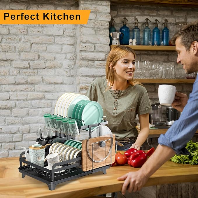 2 Tier Metal Dish Drying Rack Without Installation Sturdy Dish Racks for Kitchen Counter with Drain Board Multifunctional Storage and Drainage Apartment Essentials Medium Size