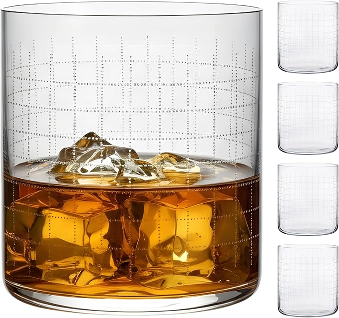 NUDE Whiskey Glasses Set of 4 DOF – 13.25 oz Finesse Grid Lead-Free Crystal Old Fashioned Rocks Glasses for Whisky, Scotch & Bourbon – Etched Graphic Motif, Dishwasher Safe Barware