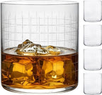 NUDE Whiskey Glasses Set of 4 DOF – 13.25 oz Finesse Grid Lead-Free Crystal Old Fashioned Rocks Glasses for Whisky, Scotch & Bourbon – Etched Graphic Motif, Dishwasher Safe Barware