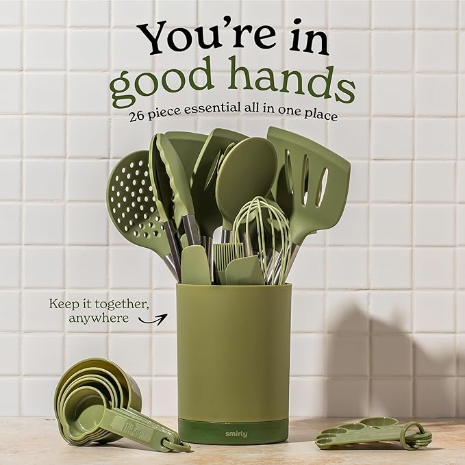 SMIRLY Kitchen Utensils Set, 26PCS Silicone Cooking Utensils Set, Spatula Set with Holder, Stainless Steel Kitchen Gadgets for Home and Kitchen