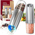 CIRCLE JOY Gravity Electric Salt and Pepper Grinder Set Stainless Steel Automatic Salt and Pepper Grinder Set, Battery Operated, LED Light, Adjustable Coarseness, for Home Kitchen BBQ, Silver