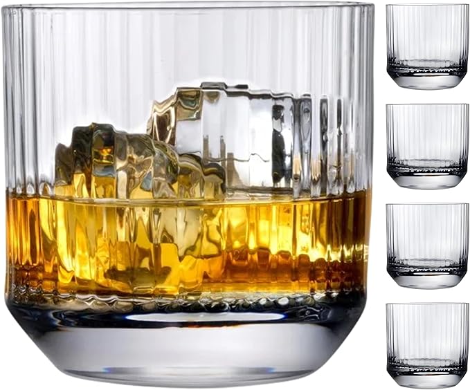 NUDE Whiskey Glasses Set of 4 DOF – 10.75 oz Premium Lead-Free Crystal Old Fashioned Rocks Glasses for Whisky, Scotch & Bourbon – Etched Linear Pattern, Dishwasher Safe Barware