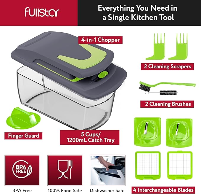 Fullstar The Original Pro Chopper - Vegetable Chopper and Spiralizer, Food Chopper with Container, Fruit Slicer, Kitchen Gadgets & Accessories, Home Essentials (4 in 1, Gray/Green)