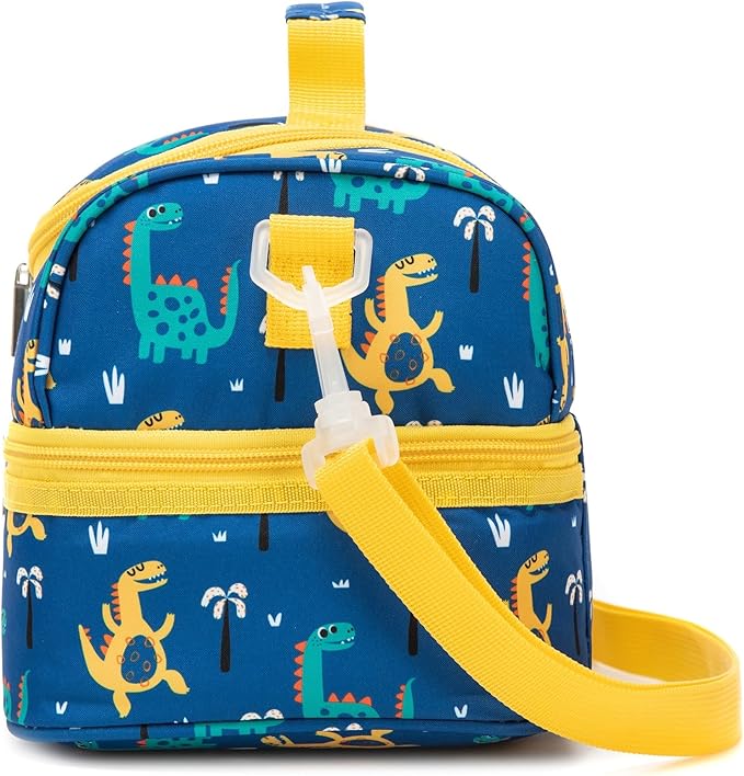 Insulated Kids Dual Compartment Lunch Bags Tote for Girls Boys Toddler Lunch Boxes Pre-School Toddler Kindergarten Picnic Camp Food Cooler Thermal with Strap (Z Yellow Dinos)