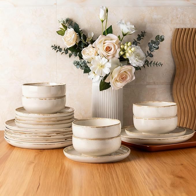 AmorArc Ceramic Dinnerware Sets, Wavy Rim Stoneware Plates and Bowls Sets, Highly Chip and Crack Resistant | Dishwasher & Microwave Dishes set, Service for 4 (12pc)-Speckled Cappuccino White