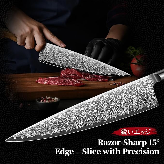 TIVOLI Japanese Gyuto Knife 10 Inch– VG-10 Damascus Chef Knife with Razor Sharp Blade and Ergonomic Olive Wood Handle, Ideal for Meat, Vegetables & Daily Cooking