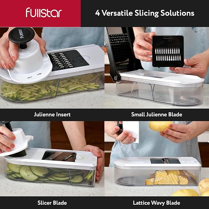 Fullstar Mandoline Slicer for Kitchen - Vegetable Chopper, Onion Potato Food Veggie Fruit Slicer and Cutter with Container, Kitchen Gadgets & Accessories, Home Essentials (10-in-1, White/Black)