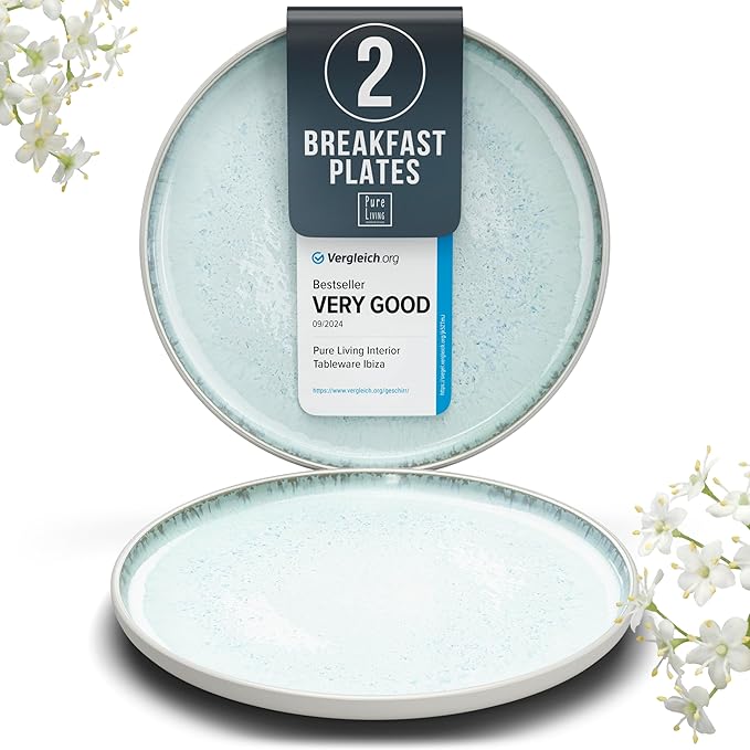 Breakfast Plates, Dessert Plates 2-piece Set Stoneware - Stylish Cake Plates Dishwasher-, Microwave-, Scratch-resistant - Small Plates, Salad Plates in Light Beige-Blue