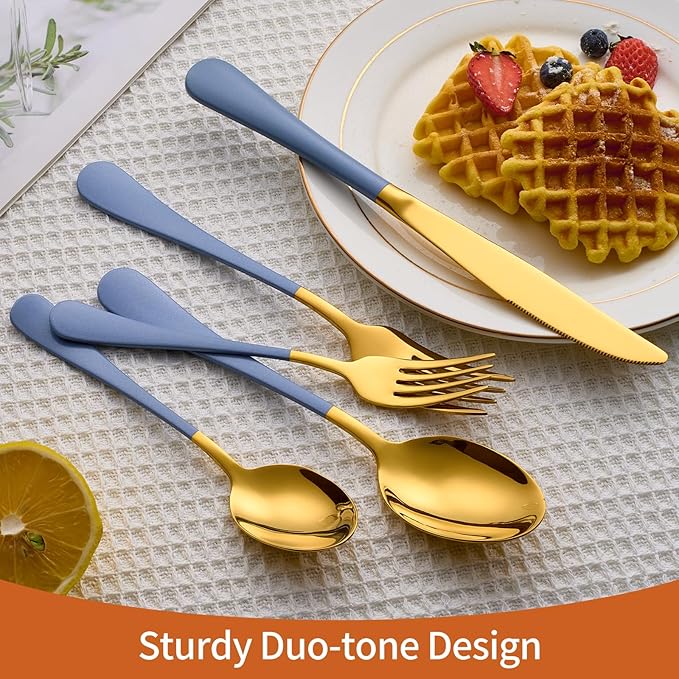20 Piece Gold and Blue 18/0 Flatware Utensil Set for 4, Include Dinner Knife,Dinner Forks,Dinner Spoons,Salad Forks,Teaspoons,Silverware Set for 4, Dishwasher Safe