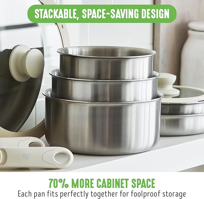GreenLife 10 Piece Stainless Steel Pots and Pans, Detachable & Stackable Kitchen Set, Tri Ply Clad PFAS Free Cookware, Space Saving with Removable Handle, Induction & Oven Safe, RV Cookware, Glass Lid