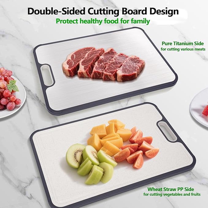 Titanium Kitchen Cutting Board Double-sided Chopping Boards for Meat,Vegetables, Dishwasher Safe Charcuterie Board Easy to Clean with Handle for Home Counter Outdoor Camping Gifts Large 15”×10.5”