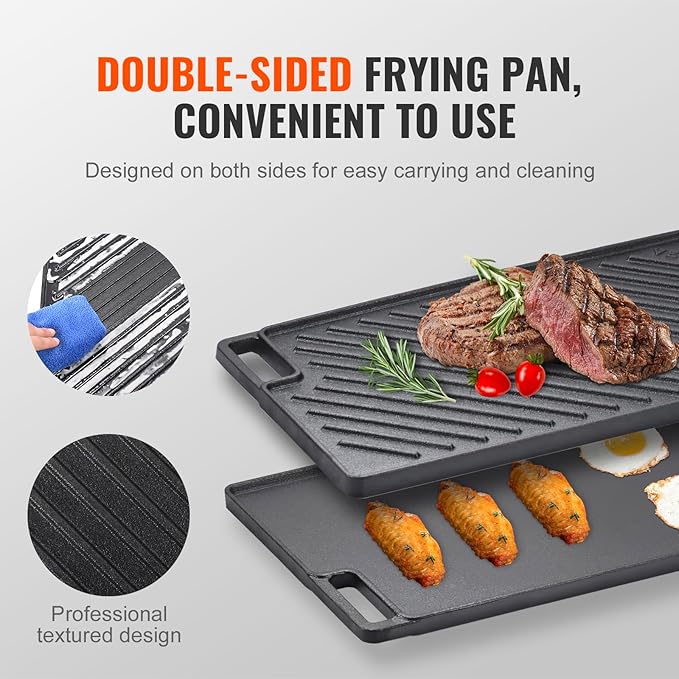 VEVOR Reversible Grill/Griddle, 17x10'' Pre-Seasoned Cast Iron Griddle, Rectangular Double Burner Griddle Pan, Non-Stick Family Pan Cookware with Handles, Flat Top Plate for BBQ, Gas Grill, Black