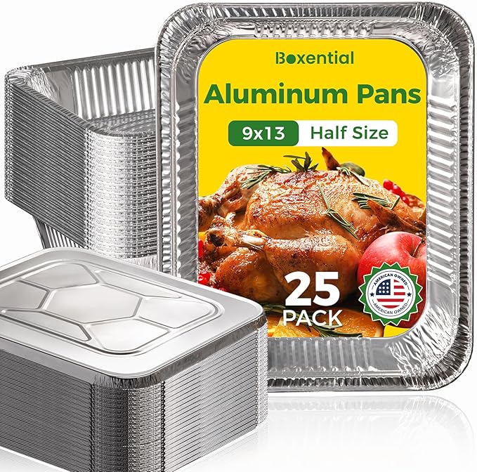 9x13 Aluminum Pans with Lids [25 Pack], Extra Heavy Duty Half Size Disposable Foil Pans, Deep Baking Pans for Cooking, Roasting, Heating, and Steam Tables