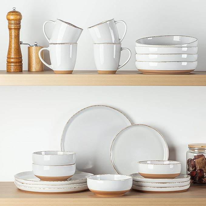 AmorArc 24 Pieces Ceramic Dinnerware Sets for 6, Handpainted Plates and Bowls Set with Rustic Terracotta Underside, Scratch Resistant Stoneware Dishes Set, Dishwasher & Microwave Safe, White